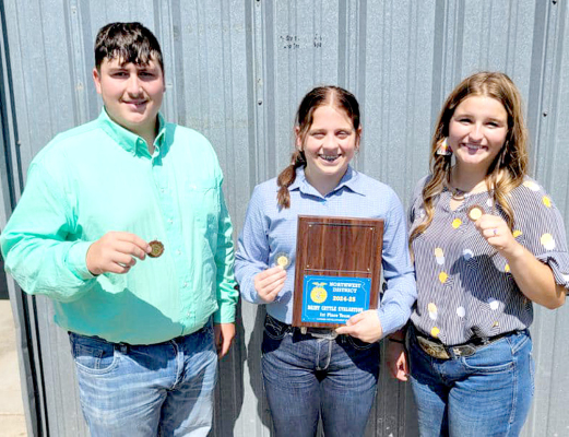 CONGRATULATIONS to the Stockton FFA Senior team for placing first out of 17 schools at the Northwest District Dairy Cattle Judging Contest held at Bird City on Monday, September 9th. Pictured are (from left) Ryan Mongeau, placing seventh, Mia Odle placing second, and Skylar Among, placing eight out of 74 participants.