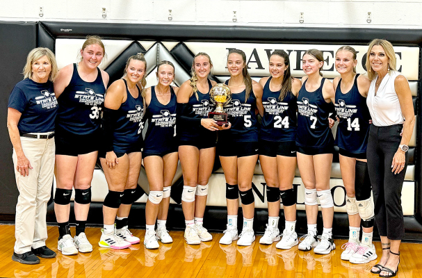 THE NPL ALL-STARS are from left: Head Coach Linda Haring (Sylvan-Lucas), Raelyn Bolte (Pike Valley HS), Elsie Finkenbinder (Sylvan-Lucas HS), Claire Plumer (Stockton HS), Emma Finkenbinder (Sylvan-Lucas HS), Jenna Gengler (St. John’s-Tipton HS), Aubrey Gengler (St. John’s-Tipton HS), Hannah Lyne (Lincoln HS), Lauren Brummet (Lakeside HS), and Assistant Coach Michelle Brummet (Lakeside).