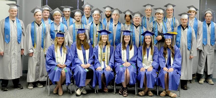 STOCKTON HIGH SCHOOL'S 126th GRADUATING CLASS gathered as a group just minutes before walking into Tiger Gymnasium for the Commencement Exercises. Pictured seated, from left, are: Harley Kester, Emil Benavides, Logan Winklepleck, Abby Johnson, Venessa Yakish and Chloe Plumer; and standing, from left: Zachary Gardner, Isaac Reed, Logan Hemphill, Justus Hulse, John Yakish, Leighton Colburn, Ethan Means, Brayden Wallace, Kameran Hamel, Tyson Palmer, Markeis Spiller, Kaden Kriley, Nolan Buss, Jace Hull, Deyton 