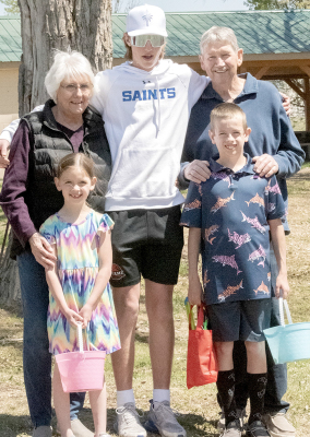 EASTER EGG HUNT FUN! Connie and Bill Maddy shared the fun that goes along with the Hunt with their grandchildren, from left: Josie Maddy, Harrison Schnell of Bismarck, ND, and Wyatt Maddy.