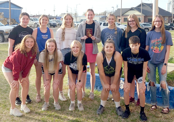 THE STOCKTON HIGH SCHOOL GIRLSTRACKTEAM finished second after scoring 75 points at the Logan Invitational track meet held last Tuesday in Phillipsburg. The Osborne girls, with 155 points, won the meet. Team members for Stockton are front row, from left: Ashlyn Hahn, Katlyn Couse, Saj Snyder, Rivver Long and Carolina Northup; and back row, from left: MacKenzie Kester, Missy Ard, Ava Dix, Cappi Hoeting, Breckyn Williams, Brin Muir and Cheyenne Hoeting.