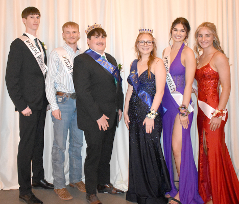 THE 2025 SHS PROM ROYALTY inclulded (from left): Jack Gasper, Kagan Dix, King Ryan Mongeau, Queen Ella Snyder, Aubrey Kesler, and Ava Dix.