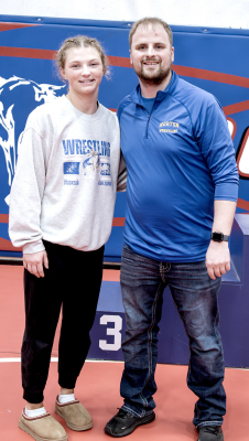 STOCKTON SENIOR ASHLYN HAHN and Norton Bluejay head coach Bill Broeckelman were voted West Regional Wrestler, and Coach of the Year at last weekend’s 3-2-1A West Super Regional Wrestling Tournament held in Russell. Hahn, who is undefeated on the season with 37 wins, was the 130-lb. Champion, while Broeckelman’s Bluejays won the regional tournament, scoring 187.5 points.