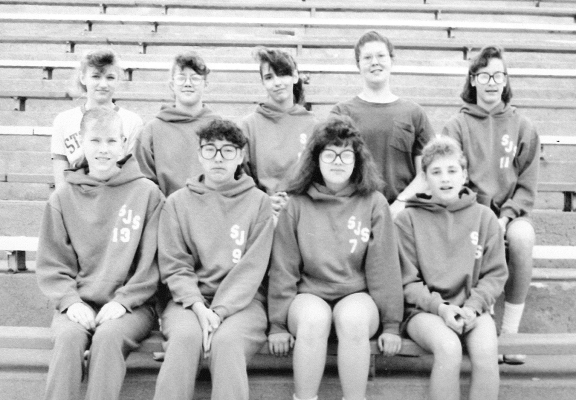 MEMBERS OF THE 1991 STOCKTON EIGHTH-GRADE TRACK TEAM were (front row, from left): Amy Lowry, Shannon Oliva, Jean Baxter, Whitney Moore; (back row) Tara Hahn, Shawna Bellerive, Casey Maddy, Marissa Haines, and Melissa Hollern.