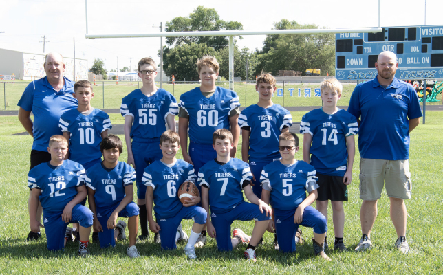 The 2025 SJH FOOTBALL TEAM members are, front row, from left: Grayson Mongeau, Jefferson Creighton, Eli Atkisson, Hudson Kriley, and Brodey Odle; and standing, from left: Coach Ray Niblock, Kyler Hrabe, Vernon Waters, Hudson Muir, Lane Muir, Maverick Post (manager), and Coach David Ghumm.