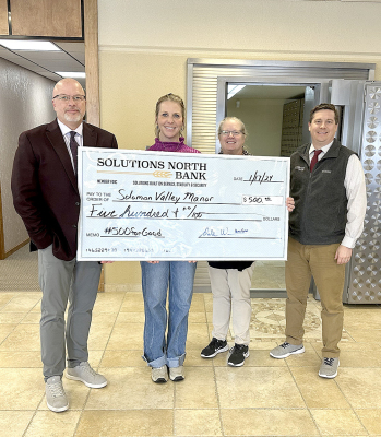 IN ATTENDANCE at the presentation on Wednesday, January 17th, were Solutions North Bank President Dale Winklepleck, Solomon Valley Manor Administrator Amanda Atkisson, Senior Vice President of the Loan Administration Department Amber Muir, and Solutions North Bank Senior Vice President Brian Berkley. (Courtesy Photo)