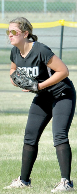 ROCO SENIOR RIGHT FIELDER, KYRA GOTTFRIED, is prepared to make a play in case the softball comes her way during action in the second game of the doubleheader against Republic County on Tuesday, April 26.