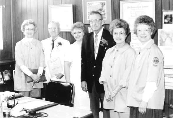 STOCKTON’S LOCAL DOCTORS were honored on Doctors Appreciation Day in 1989. Pictured are (from left): Mrs. Tom Hrabe, Dr. Harold Mauck, Vi Gehring RN, Dr. William Votapka, Mrs. Paul VanDyke, and Mrs. Paul Engborg.
