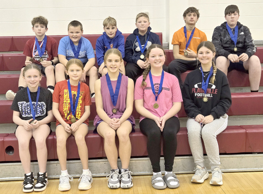 HEADING TO THE REGIONAL KNIGHTS OF COLUMBUS FREE THROW CONTEST in Quinter this Sunday, February 15th are (front row, from left) Finley Peterson, Elizabeth Jackson, McKinley Riener, Tessa Look, Kinsley Casey; (back row, from left) Blake Nuttle, Trent Look, Henry Berkley, Grayson Mongeau, Lane Muir, and Garrison Mongeau.