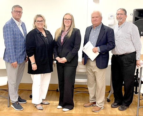 THE NEW BOARD OFTRUSTEES for Rooks County Health Center is pictured above. From left to right, they are: board chairman Brad Plumer, Anna Muir, board vice chairman Shelbe Darnell, Jay Casey, and Dr. Daniel Sanchez. Muir and Casey were sworn in during the annual meeting held on Friday, May 2nd.. Daniel Sanchez. Muir and Casey were sworn in at the annual meeting held on Friday, May 2nd.