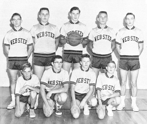 FROM THE PAGES OF THE 1959 WEBSTER EAGLE are the high school roundballers (front row from left): Bobby Sanders, Charles Hance, Lyle Dunning, George Wise; (back row) Melvin Dobson, Harold Lowry, Alan Wise, Ronnie Burton, and Loren Dunning. The yearbook page was sponsored by Kerns Body Shop, Wanamaker Cleaners, Smiths Furniture, and Morrissey’s.