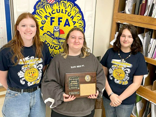 THE STOCKTON FFA FLORICULTURE CONTEST TEAM placed third out of eighteen teams at the contest held in Colby on Wednesday, April 10th. Pictured with their rankings are Jaxon Dunlap (11th place), Rachel Dryden (10th place and receiving a medal), and Raegan Shepherd (12th place).