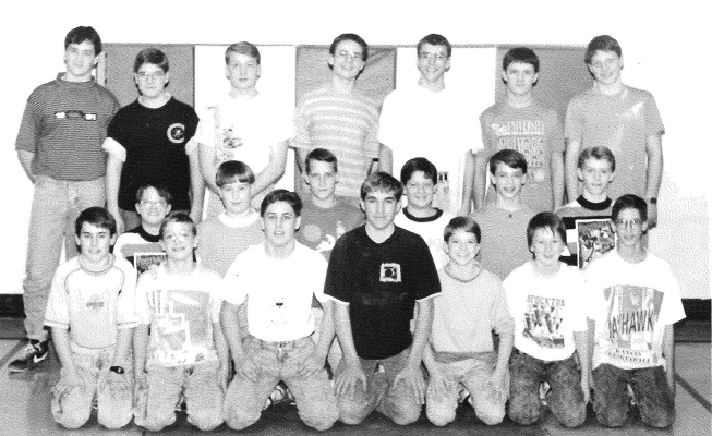 MEMBERS OF THE 1991 STOCKTON JUNIOR HIGH WRESTLING TEAM were (from row, from left): Israel Jirak, Scott Wagner, Andy Pfannenstiel, Rich Bouchey, Josh Price, Brian Kaba, Joe Gasper; (second row) H. J. Colburn, Cody Foster, Mike Bennett, James Mongeau, Matt McShea, Brandon Towns; (back row) Todd Kriley, Tim Colburn, Luke Conyac, John Vermillion, Toby Wood, Brian Smith, and Ryan Chapel.
