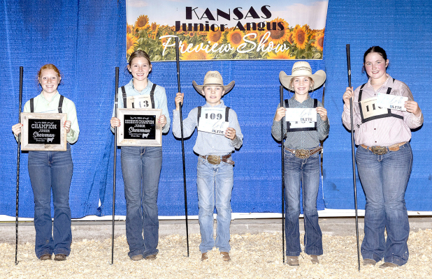 THESE JUNIORANGUS MEMBERS won top honors in junior showmanship at the 2024 Kansas Junior Angus Association Preview Show, June 2-3 in Hutchinson. Pictured from left are Molly Hill, Baldwin City, champion; Avery Mullen, Ulysses, reserve champion; Eli Atkisson, Stockton, third place; McKinley Hanson, Morrowville, fourth place; and Aubree McCurry, Hutchinson, fifth place. (Photo by Grace Knepp, American Angus Association)