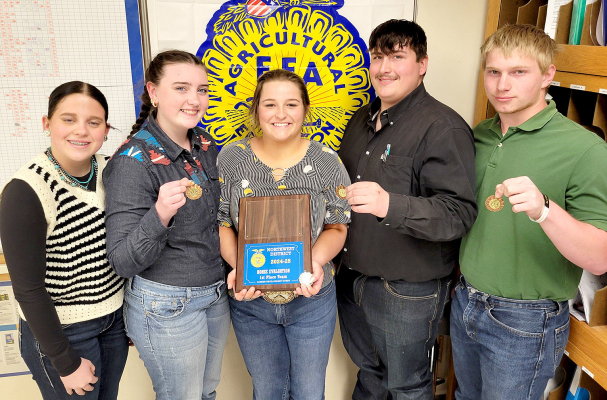 THE STOCKTON FFA HORSE JUDGING TEAM won first place at the FFA District Horse/ Landscape Contest in Colby on Wednesday, April 9th. Pictured are (from left) Mia Odle, Kourtnie Bird (seventh place), Skylar Amlong (second place), Ryan Mongeau (fifth place), and Isaac Thayer (eighth place).