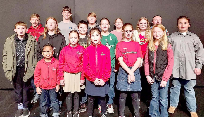 REPRESENTING THEIR SCHOOLS at the Rooks County Spelling Bee on Wednesday, February 8th, were (front row, from left) Jesse Akoh, Kaylyn Becker, Kaydence Tremblay, Callie Rudman, Daylen Beesley; (second row) Veidyn Holmes, Quinton Maddox, Barrett Moore, Kayne Karlin, Lyric Snyder, Golden Potter; (back row) Trevor Gosser, Corbin Keas, Damon Muir, Mia Odle, and Lorene Saindon.