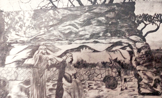 This 1967 photograph is the first scene of the Christmas Story, which was a project of the Stockton Chamber of Commerce. The scene was 24 feet long and 12 feet high with the figures of the Holy Family separate and set in front of the background depicting the interior of the stable. The scene was designed and constructed by Milt Boethin, Rev. Jim Williams and Sterling Bagby. Andy Andreson was the painter. It set just south of the old Log Hotel and spotlights were set up so the scene could be viewed after dar
