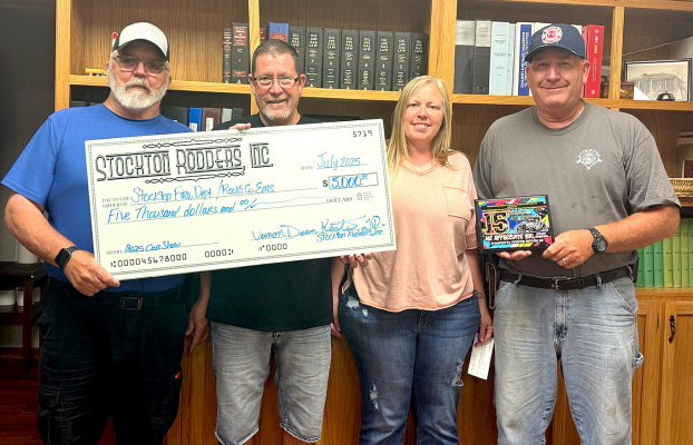 THE STOCKTON RODDERS, INC. gave back to the City of Stockton for their support of the 2025 car show by donating $5,000.00 to the Rooks County EMS and Stockton Fire Department for equipment and supplies. Pictured are (from left) Jim Prockish representing the Rooks County EMS, Tim Johnston and Helen King representing the Rodders, and Ray Niblock representing the Stockton Fire Department.