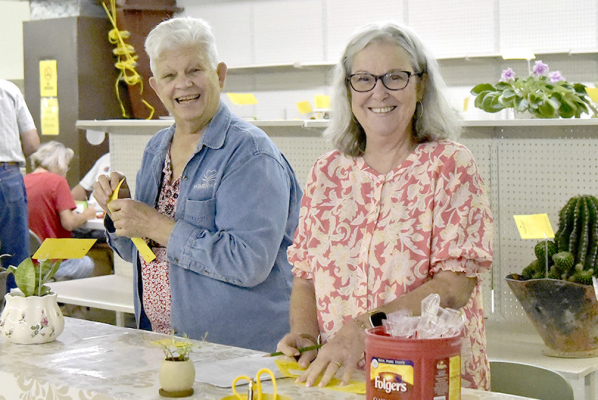 JANET KOLLMAN AND PATTY CHESNEY helped set up the Horticulture area in the Open Class building at the Rooks County Free Fair.