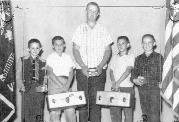 WINNING A ROD AND REEL OR A TACKLE BOX from the Stockton VFW Fishing Contest held in the spring sometime in the late 1950s or early 1960s were (from left) Donald Buckland, Quentin VanEaton, Doug Gibson, Steve Baxter, and Leslie Conn.The picture was taken from the 2011 Stockton National Bank calendar, which Kathy (McComb) Rees of Canon City, Colorado, sent to the Sentinel-Times to use for our Yesteryear page.