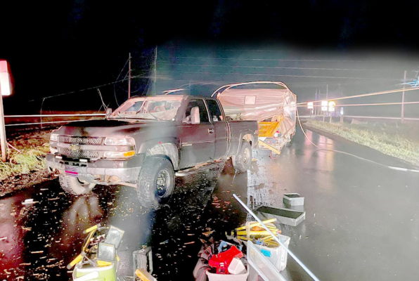 THIS PHOTO shows how the power lines skimmed the top of the truck cab before slicing into the enclosed trailer carrying Madison’s racecar. The accident occurred on Saturday evening, June 19th during a severe thunderstorm with winds clocked at 80 mph.