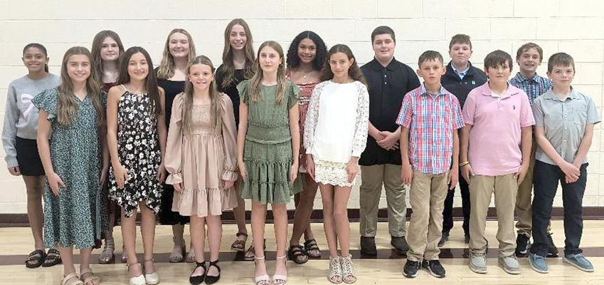 STOCKTON MUSIC STUDENTS who were part of the junior high honor choir at the Northwest KMEA Mini-Convention I Concert held on Friday, November 2nd, in Hays were (front row) Harper Lowry, Corbyn Glendening, Remy Muir, Chloe Kuhlmann, Kyndell Kee-Hahn, Kyler Hrabe, Bentley Carpenter, Hudson Kriley; (back row) Ava McCoy, Brooklyn Couse, Hadlee Sterling, Addison Dix, Adrienne McCoy, Raiden Huenergarde, Garrison Mongeau, and Lane Muir.
