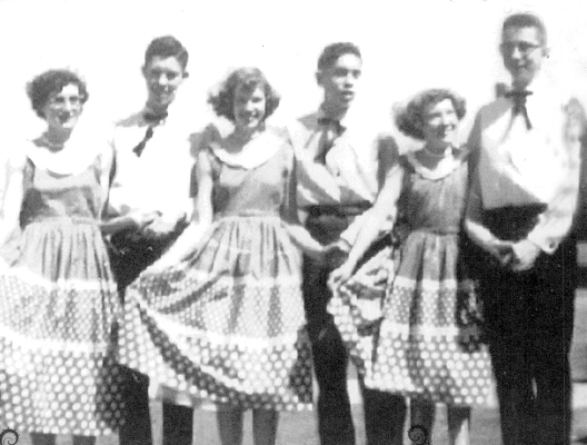 THE 1956 4W (WEBSTER’S WILLING, WINNING WORKERS) 4-H SQUARE DANCERS were (from left): Joan Roy, Wayne Grover, Ila Mae Roy, Larry Kern, Nadine Lindsey, Jack Blauer, Joyce Lindsey, and Earl Kellogg. 