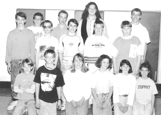THE STOCKTON JUNIOR HIGH MATH WHIZZES had done very well at a recent contest in March 1991. Pictured were (front row, from left): Uriah Price, Seth Ross, Holly Bigge, Jada Krob, Stacey Steeples, Shelly Lewis; (middle row) Matt McShea, Jamie Vermillion, Israel Jirak, Travis Jenkins, Cody Foster; (back row) Adam Glendening, Matt Moll, Marissa Haines and Toby Wood.