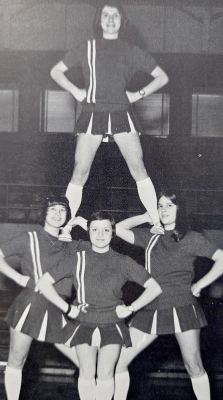 THE B TEAM CHEERLEADERS for the 1974-1975 Stockton Tiger sports season were (from left) Torey Trarbach, Bonnie Drotts, Becky Jackson, and on top, Melanie McComb.