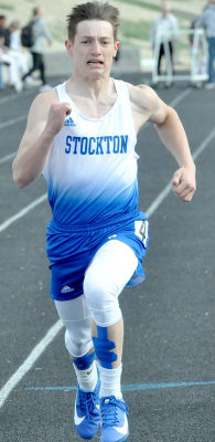 TIGER SENIOR CAMDEN IWANSKI not only won this 100 Meter Dash race, but also collected gold medals in the 200 and the 4 x 100 Meter Relay at the track meet held in Stockton.