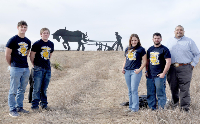 STOCKTON FFA MEMBERS that crafted the silhouette stand proudly in front of their finished piece of art. They are (from Left) Rylan Basart, Skylar King, Harley Kester, Thomas Bigge and teacher and FFA sponsor, Shane Austin. (Students who had started the project last year were Camden Iwanski, Tyson Palmer and Alex Shetterly.)