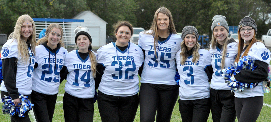 SEVERAL MEMBERS OF THE SHS STRIDERS AND CHEER SQUADS gather prior to the crowning of the king and queen last Friday. From left are: Karleigh Horn, Temprance Northup, Saj Snyder, Addie Struckhoff, Tierra Yohon, Claire Plumer, Ava Dix and Ella Snyder.