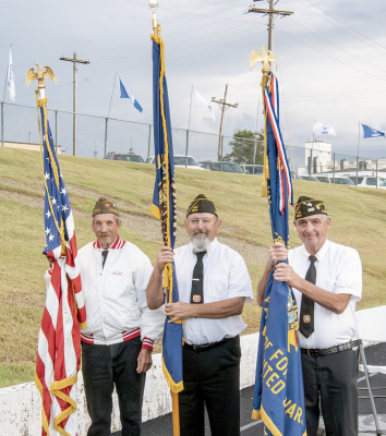 MEMBERS OF THE VFW POST 8873 Color Guard, Mark Trumbo, Mack Palmer, and Ed Thayer presented the colors prior to Friday night’s Homecoming game against Sylvan-Lucas.