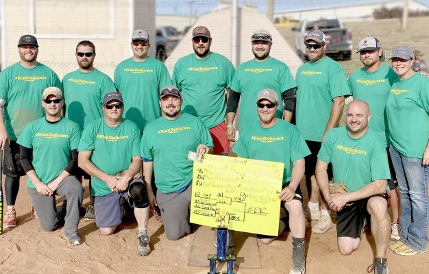 STOCKTON RECREATION COMMISSION hosted an Adult Softball Tournament last Saturday with the proceeds going to the renovation of Kincaid Field. Six teams competed in the tourney with #RiskReducers, a team sponsored by Heritage Insurance Group, Inc. in Stockton, winning the championship game over M.B.P. out of Great Bend. Members of the winning team are pictured with their trophy and bracket. They are front row, from left: Chauncey Baxter, Rick Beck, Jordan Stithem, Kyle Strutt, and John Rogers; and back row, f