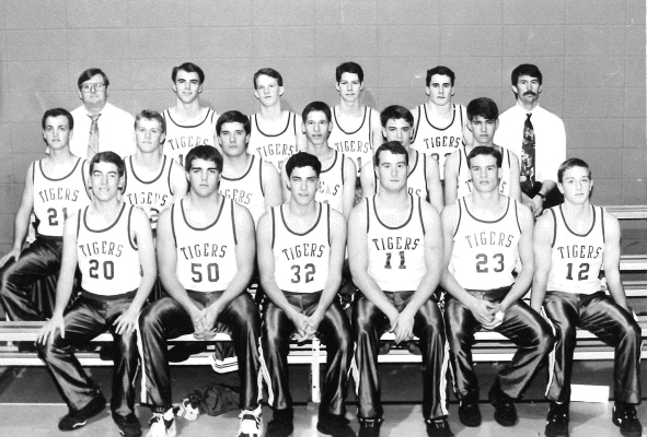 THE 1993-1994 STOCKTONTIGER BOYS BASKETBALL PLAYERS were (front row, from left) Jason Jackson, Andy Muir, Michael McShea, Jake Conger, Joel McReynolds, Scott Wagner; (middle row) Jamie Berland, Brandon Towns, Michael Mongeau, Joe Gasper, Matt McShea, Tony Bice; (back row) head coach Joe Weidenhaft, Toby Wood, Aron McReynolds, Kevin Randa, Israel Jirak, and assistant coach Lee Lindsey.