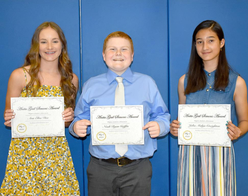 RECEIVING THE ANITA GAIL SIMONS AWARD at the awards night on Monday, May 3rd were eighth-grade students Ava Dix, Noah Griffin and Jalia Creighton.