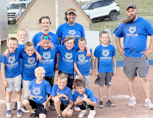 COACH PITCH BASEBALL (BLUE TEAM) : Front row, from left: Jevin Rush, Rekker States and Kase Brown; middle row, from left: Brodie Kreutzer, Waylon Ghumm, Jake Cockrell, Trent Look, Hudson Horn, Grandon Mongeau and Wyatt Maddy; Coaches, from left: Sidnee Brown, Shey States and Jezariah Rush. Not pictured: Coach Brian Cockrell.