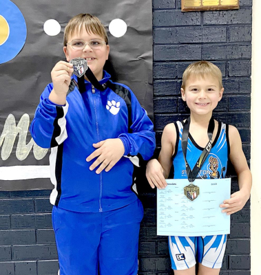 JUDSTEN COCKRELL, left, and his brother, Jake Cockrell, right, placed 2nd and 1st respectively in their weight classes at the Phillipsburg Novice Wrestling Tournament held Sunday, January 9th, in Phillipsburg. Also competing and placing 5th was Blake Balthazor.