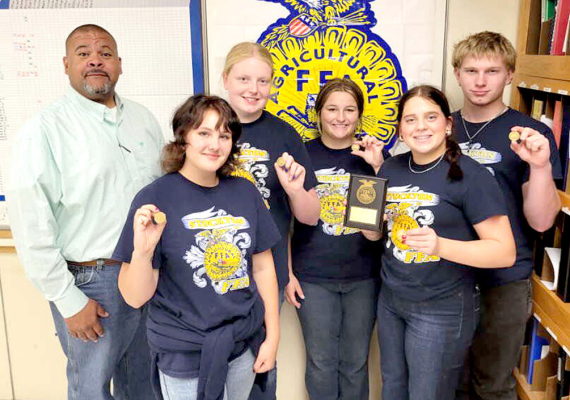 THE STOCKTON FFA LAND JUDGING TEAM placed second out of 13 teams in the recent area Land Judging Contest, with 107 FFA members competing. Pictured are sponsor Shane Austin, Piper Creighton (2nd place), Brenna Odle (10th place), Skylar Amlong (8th place), Mia Odle (6th place), and Isaac Thayer (5th place).