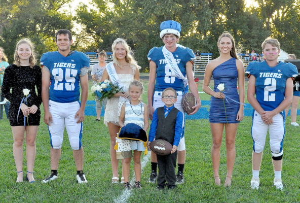 THE 2023 SHS HOMECOMING CEREMONY was held before the home football game at Tiger Stadium on Friday, September 29th. Pictured is this year’s Homecoming Court (from left): Katelynn Post, Preston Chandler, Queen Claire Plumer, King Max Moffet, Breckyn Williams, and Hayden Hilbrink. Crown bearers were Rooks Bouchey and Jasper Miller.