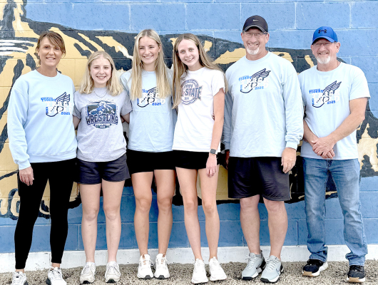 A SENDOFF FOR THE STOCKTON ATHLETES who qualified for the 2025 KSHSAA State Track and Field Championships was held on Thursday afternoon, May 29, in front of the high school. From left are: Janet Kuhlmann (coach), Saj Snyder, Ava Dix, Cheyenne Hoeting, Clint Bedore (coach), and Justin Basart (coach). (Photo Courtesy of Bobbi Basart)