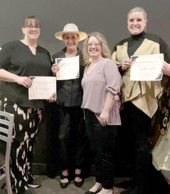 THE STOCKTON CHAMBER OF COMMERCE’S BUSINESS OF THE YEAR AWARDS, presented by 2024 Chamber President Trisha Kriley at the organization’s Gala, went to Southfork Ranch (first place), The Daily Grind (second place), and the Rooks County Historical Society &amp; Museum (third place). Pictured are (front) Trisha Kriley; (back row) Chelsey Kriley representing The Daily Grind; Julie Hartner representing the Rooks County Historical Society & Museum; and Anna Biggs representing Southfork Ranch.