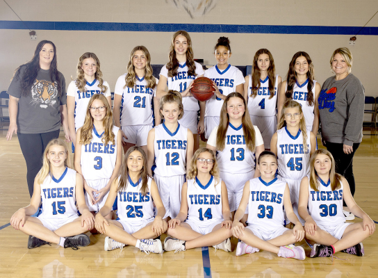 MEMBERS OF THE 2025-26 STOCKTON JUNIOR HIGH GIRLS BASKETBALL TEAM were front row, from left: Makinley Riener, Bryah Stithem, Kaylee Clayton, Maddy Swaney and Emma Freeman; middle row: Evelyn Hilbrink, Briella Stramel, Tessa Look, and Adalyn McNulty; and back row: head coach Aftan Green, Remy Muir, Harper Lowry, Addison Dix, Ava McCoy, Kyndall Kee- Hahn, Corbyn Glendening, and assistant coach Lacey Muir. (Photo by Julie Kuhlmann Photography)