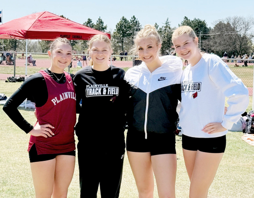 PLAINVILLE’S record-setting 4 x 800 Meter Relay, who set the new school record at La Crosse, are from left: Shelby Molina, Brilynn Trumpp, Hayden Staab, and Kinley Atchison. Courtesy Photo