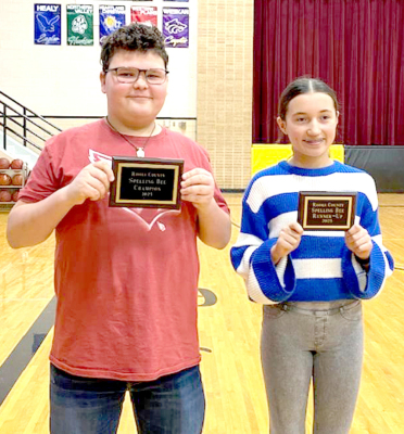 THE ROOKS COUNTY SPELLING BEE was held on Friday, February 21st. Pictured is this year’s champion, Liam Balthazor, and runner-up, Corbyn Glendening. (Courtesy Photo)