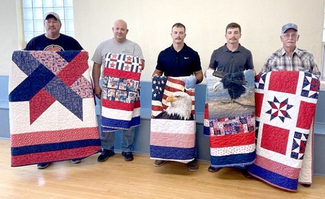 THIS YEAR'S RECIPIENTS of a Quilt of Valor from the VFW were left to right: David Brin, Dennis Dinkel, Jayce Hamel, Ethan Hamel, and Cecil Roy. (Photo &amp; Story Courtesy of Tammy Steeples)