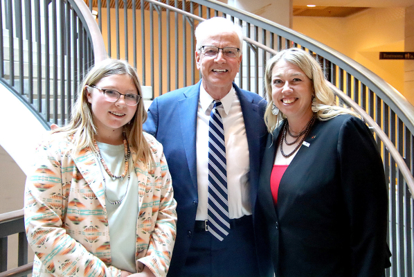 OLIVIA LUNA (left), U.S. Senator Jerry Moran (center), and Anna Luna (right) gather in Washington, D.C. during the Kansas Farm Bureau's biannual fly-in. The Plainville mother-daughter duo met with Senator Moran to discuss their family farm and ranch, with Olivia sharing her plans to attend Kansas State University to pursue a career in veterinary medicine.