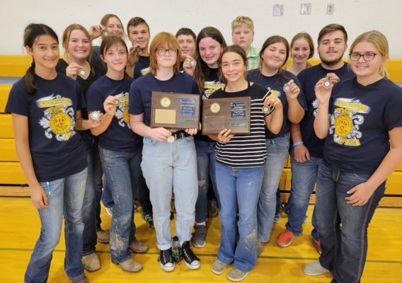 CONGRATULATIONS to the Stockton FFA for winning both the Greenhand and Senior divisions at the Northwest District Land and Homesite Judging Contest in Goodland! Pictured are all the students who represented Stockton at the meet (front row, from left): Jalia Creighton, Lillie Ferguson, Coryn Hahn, Rachel Dryden, MacKenzie Kester, Bodye Stithem, Rivver Long, Jaxon Dunlap, Brin Muir; (back row) Kourtney Bigge, Zach Young, Ryan Mongeau, Taylor Inglsbee and Ava Dix.