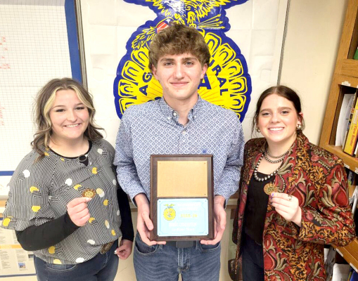 THE STOCKTON FFA placed first at the Northwest District Horse Duding Competition held in Colby on Wednesday, April 8th. Pictured are Skylar Amlong (3rd individual), Skyler Turnbull, and Mia Odle (4th individual). Congratulations!