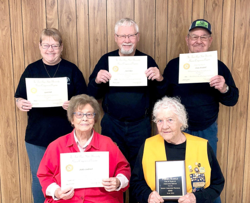 SENIOR COMPANIONS receiving their Years of Service awards recently include, front row, from left: Betty Cadoret, Stockton, and Ferma Kahle, Logan; back row, from left: Gail Hill and Jim Paley, both of Stockton, and Ivan Brasted, Logan.